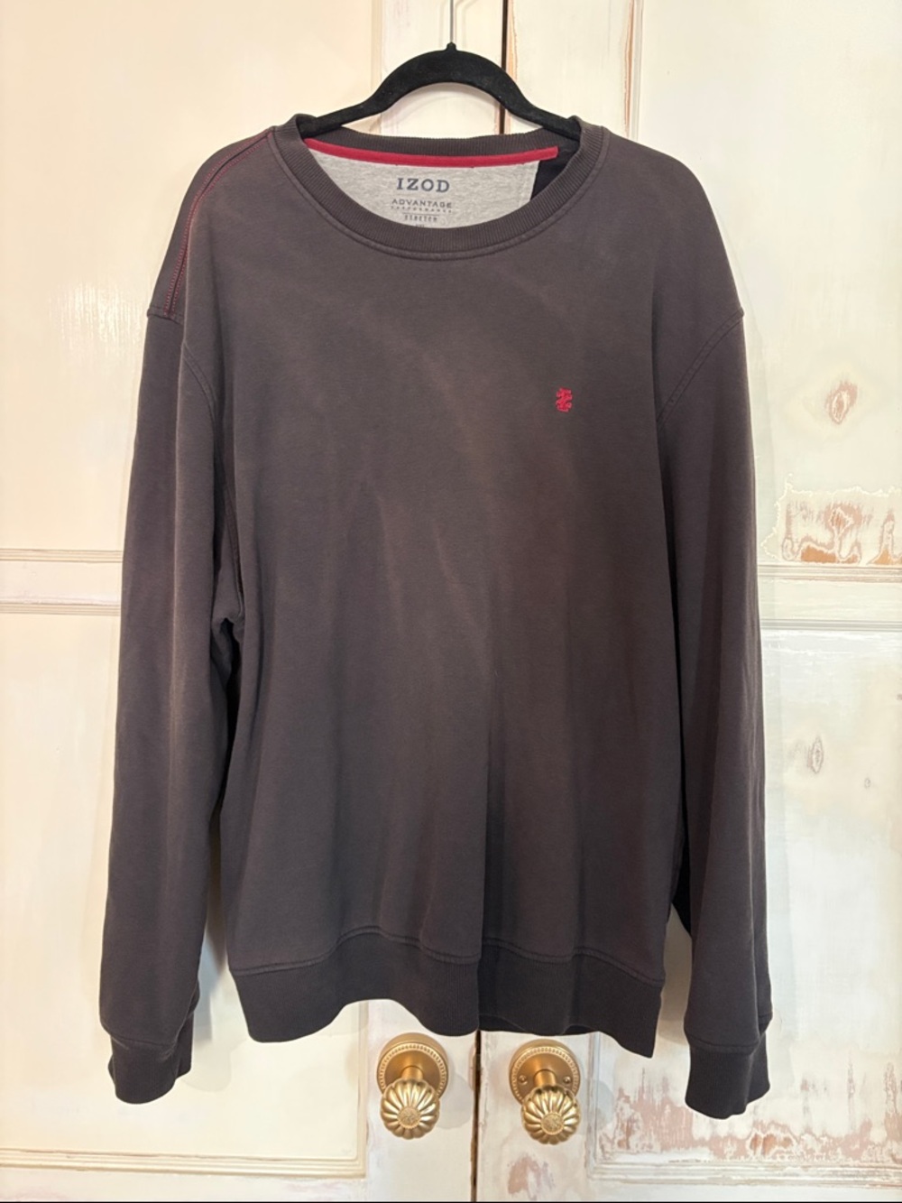 Izod Men's Distressed Crewneck Sweater in Charcoal with Red Accent